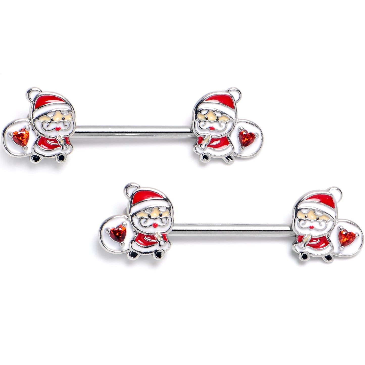 14G 9/16 Red Gem Santa Bag Heart Holiday Barbell Nipple Ring Set