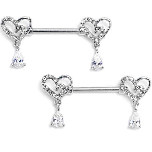 14G 9/16 Clear CZ Gem Asymmetrical Heart Dangle Nipple Ring Set
