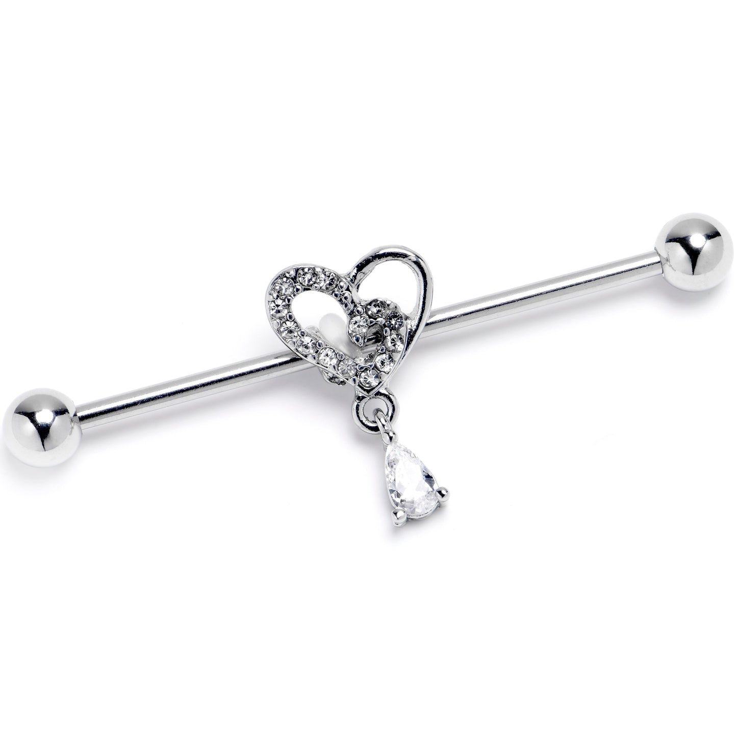 14G Clear CZ Gem Asymmetrical Heart Dangle Industrial Barbell 38mm