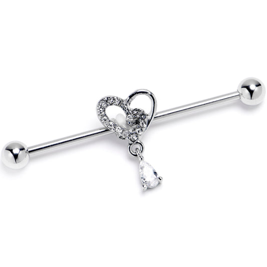 14G Clear CZ Gem Asymmetrical Heart Dangle Industrial Barbell 38mm