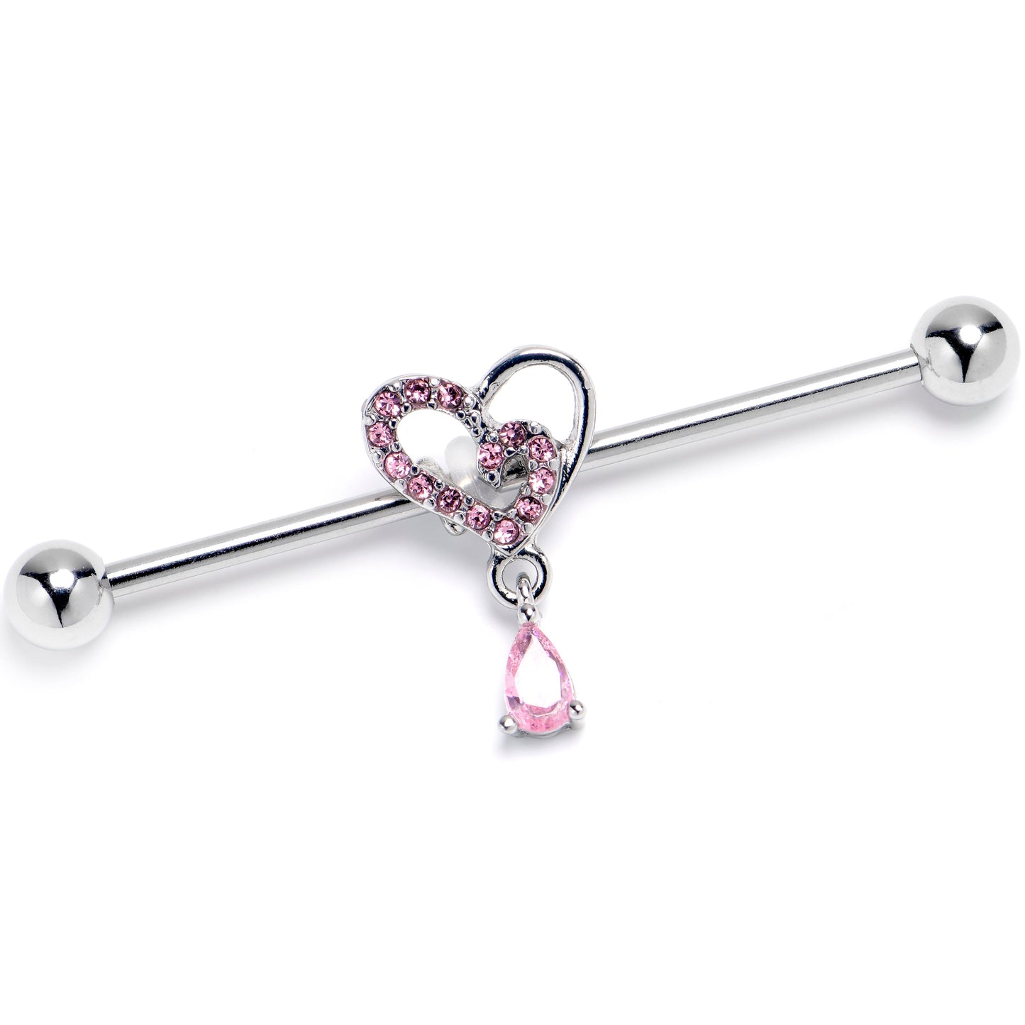 14G Pink CZ Gem Asymmetrical Heart Dangle Industrial Barbell 38mm