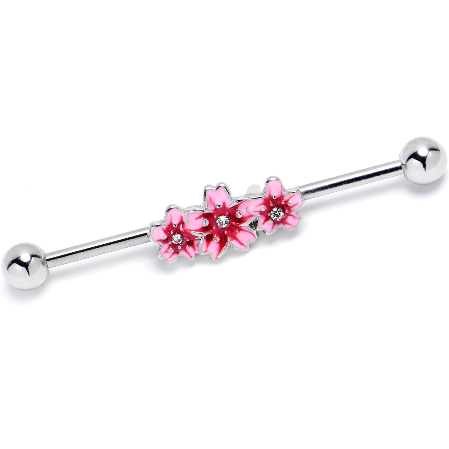 14G Clear Gem Perfect Pink Flower Trio Industrial Barbell 38mm