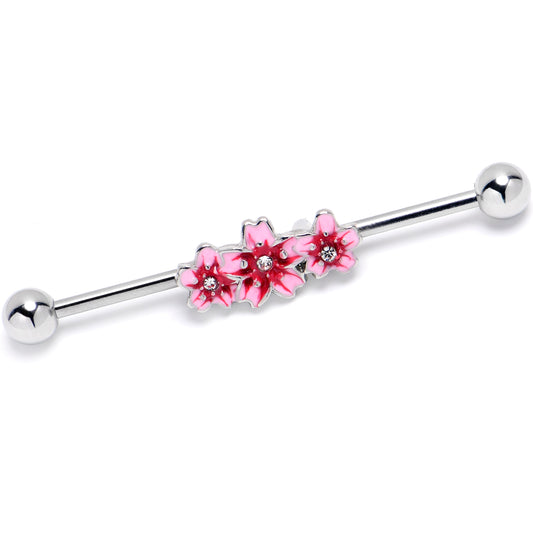 14G Clear Gem Perfect Pink Flower Trio Industrial Barbell 38mm