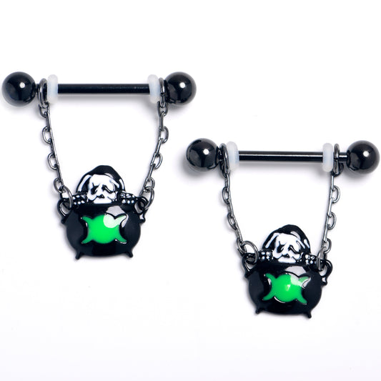 14G 9/16 Black Triple Moon Cauldron Dangle Nipple Ring Set