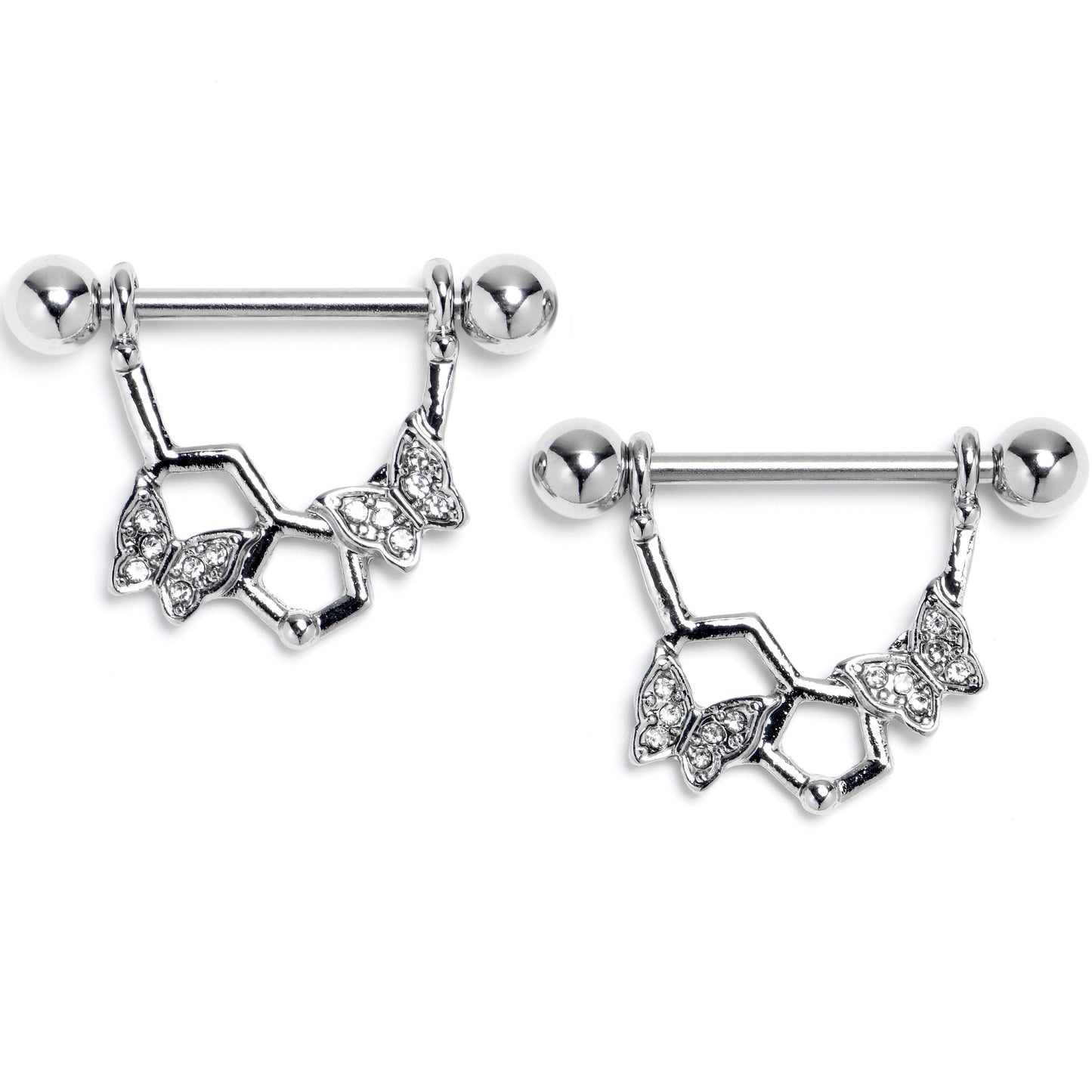 14G 9/16 Clear Gem Hexagon Butterfly Dangle Nipple Ring Set