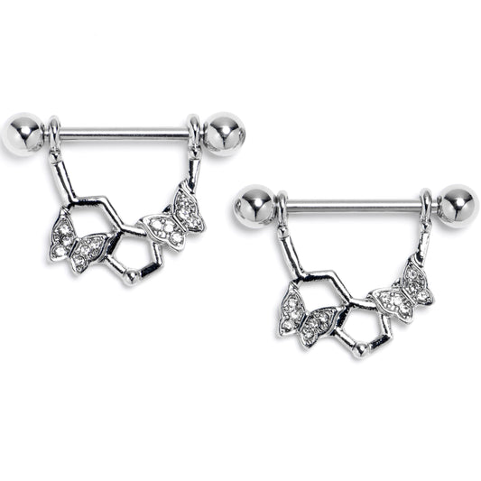 14G 9/16 Clear Gem Hexagon Butterfly Dangle Nipple Ring Set