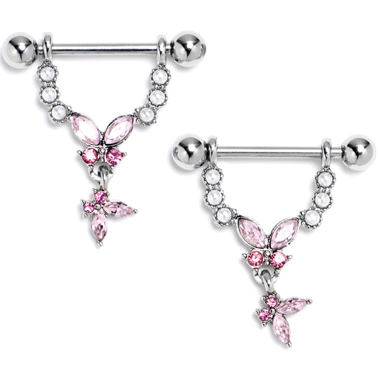 14G 9/16 Pink Gem Double Butterfly Glam Dangle Nipple Ring Set