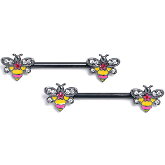 14G 9/16 Clear CZ Gem Black Bright Bee Beauty Nipple Ring Set