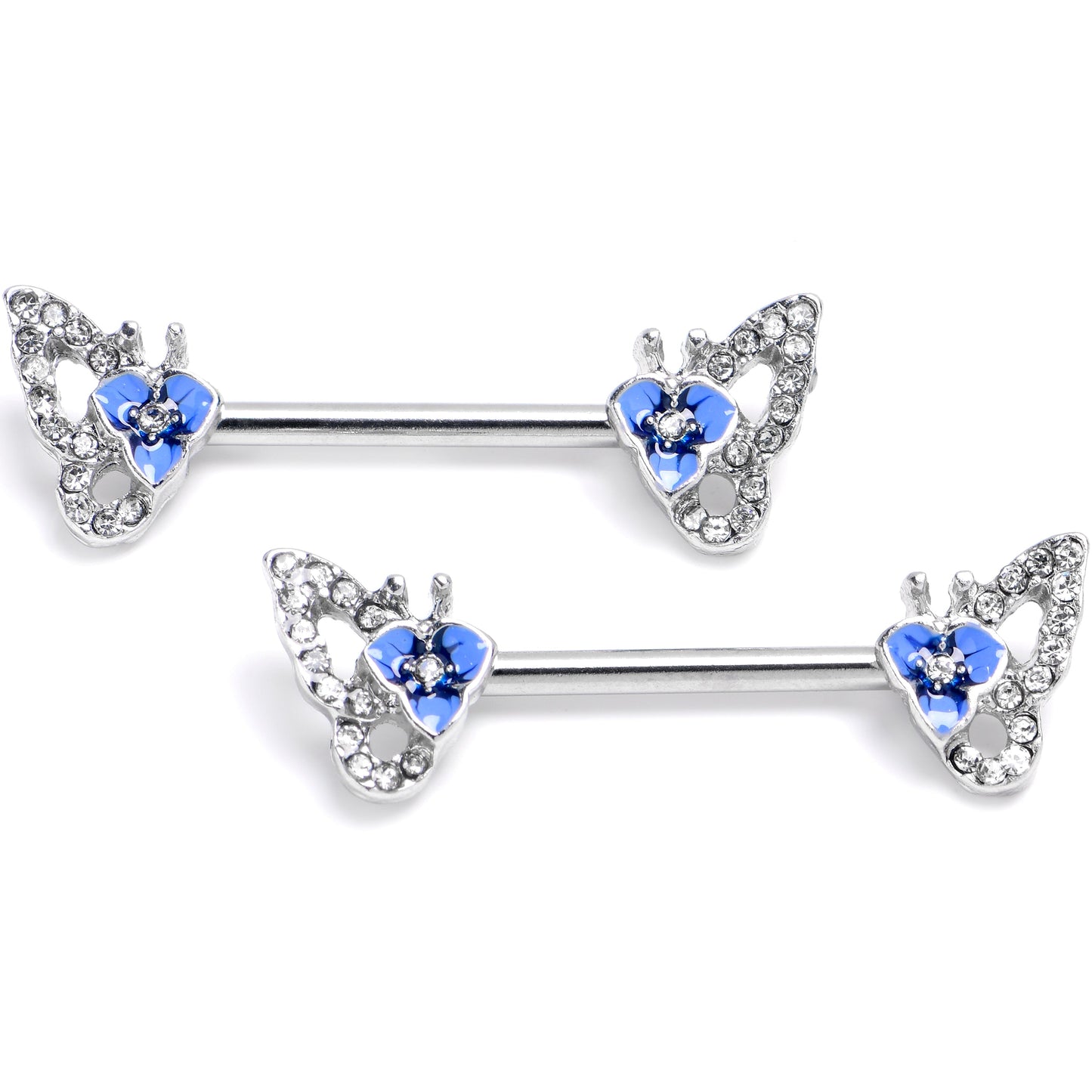 14G 9/16 Clear Gem Fabulous Butterfly Blue Barbell Nipple Ring Set