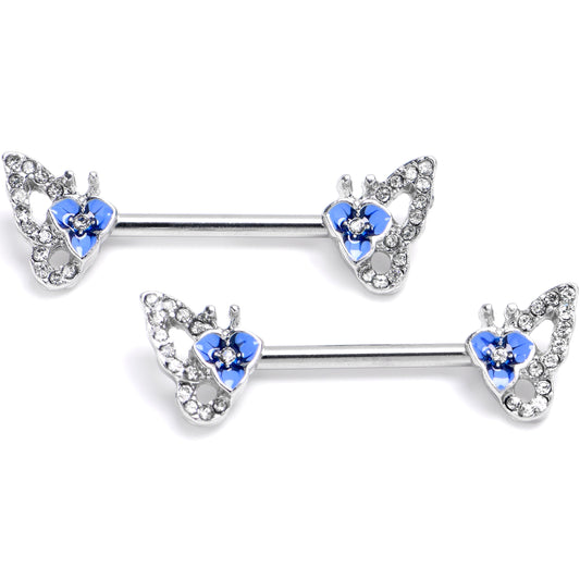 14G 9/16 Clear Gem Fabulous Butterfly Blue Barbell Nipple Ring Set