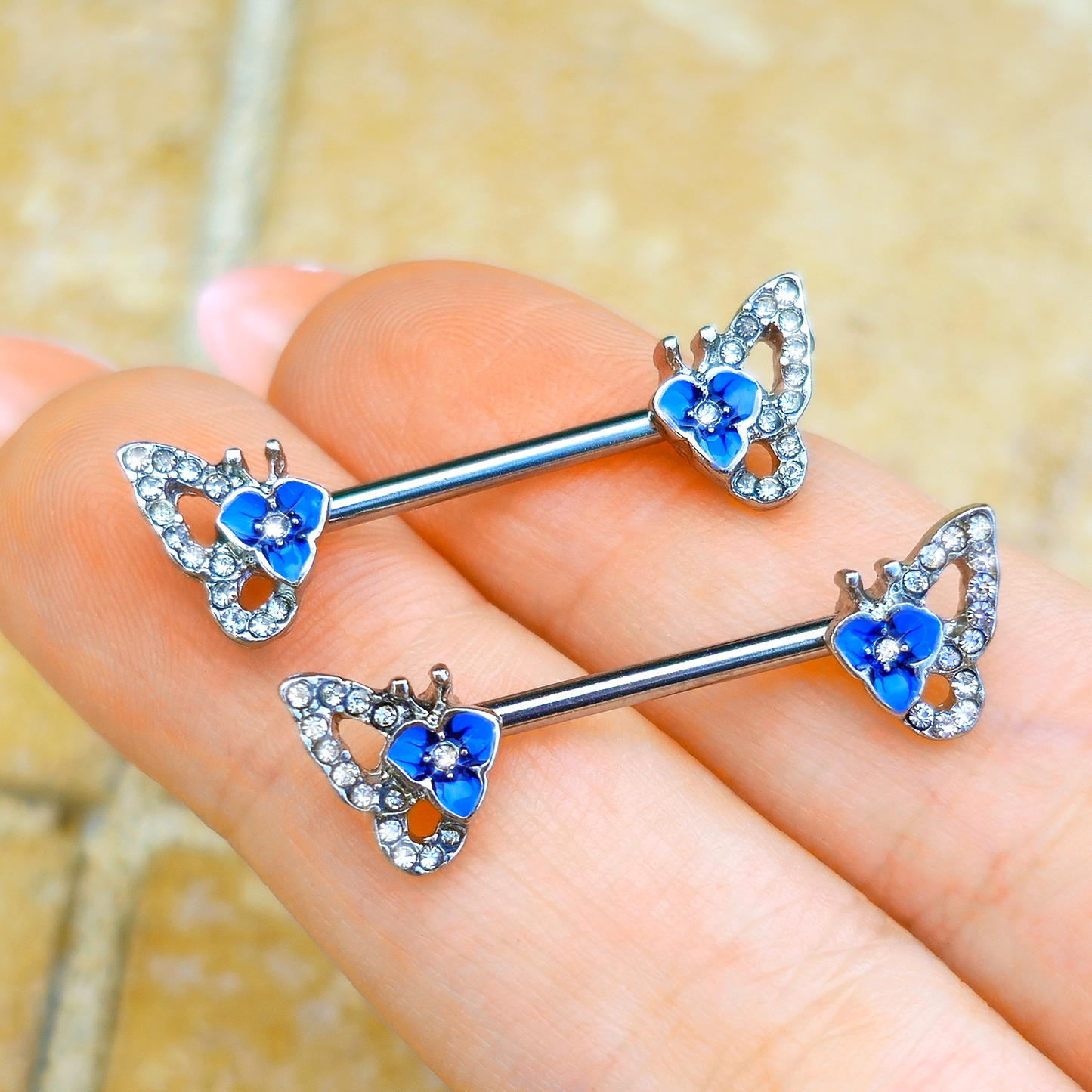 14G 9/16 Clear Gem Fabulous Butterfly Blue Barbell Nipple Ring Set
