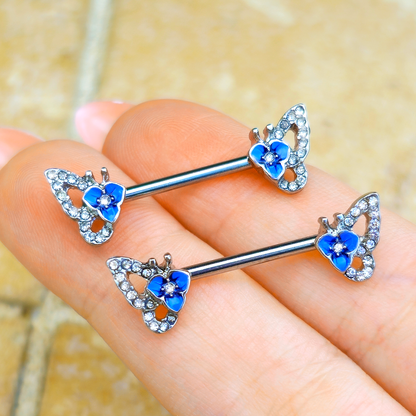 14G 9/16 Clear Gem Fabulous Butterfly Blue Barbell Nipple Ring Set