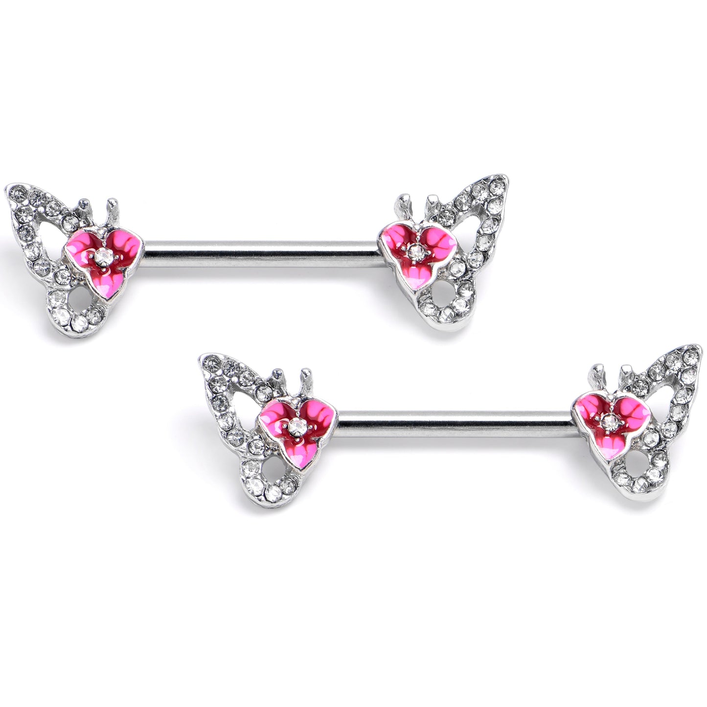 14G 9/16 Clear Gem Fabulous Butterfly Pink Barbell Nipple Ring Set