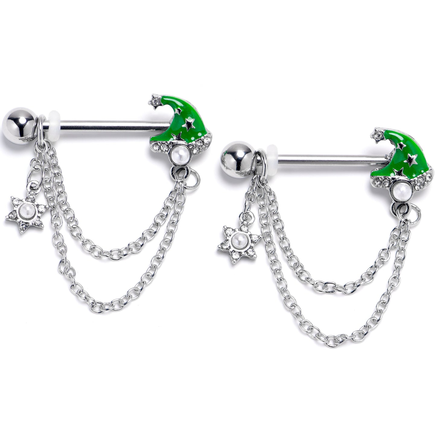 14G 9/16 Clear Gem Santa Hat Stars Green Dangle Nipple Ring Set
