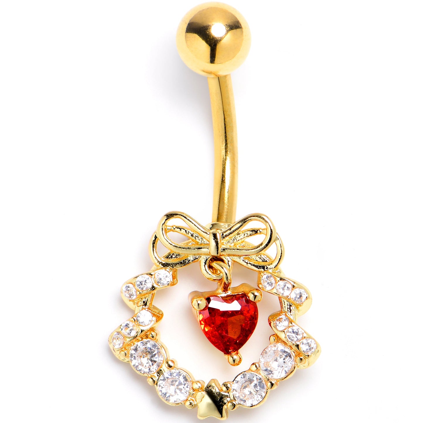Clear Red CZ Gem Gold Tone Heart Wreath of Love Belly Ring