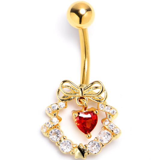 Clear Red CZ Gem Gold Tone Heart Wreath of Love Belly Ring