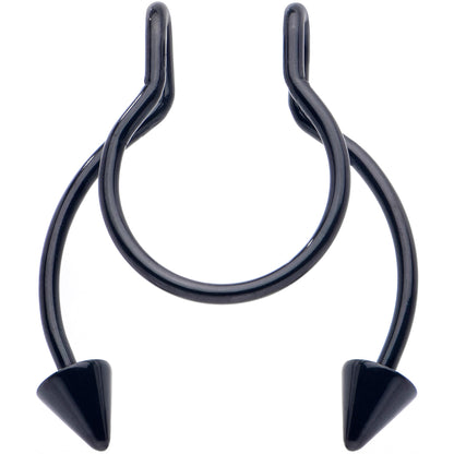 Black Horseshoe Cone Barbell Fake Nose Ring Nipple and Clip on Earring