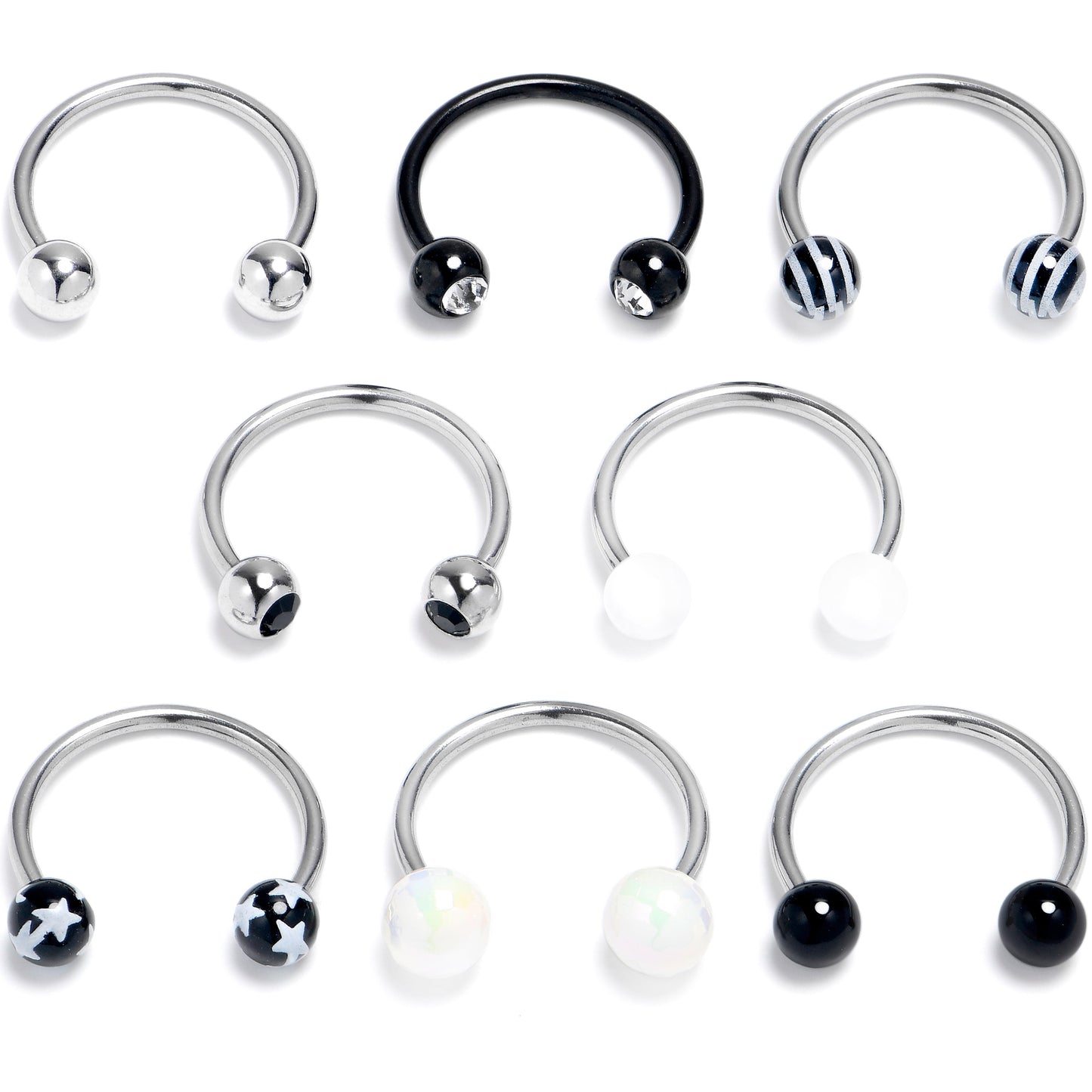 16G 3/8 Pattern Black White Horseshoe Circular Barbell Set of 8