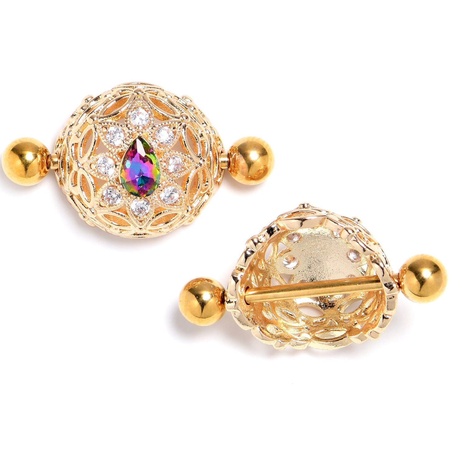 14G 9/16 Vitrail Gem Gold Tone Blossom Bloom Nipple Shield Set