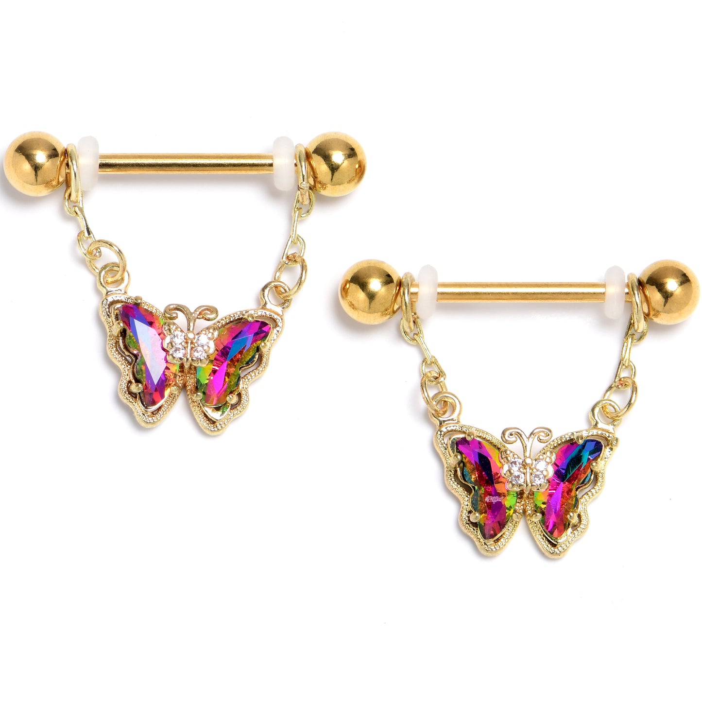14G 9/16 Vitrail Gem Gold Tone Classic Butterfly Dangle Nipple Ring Set