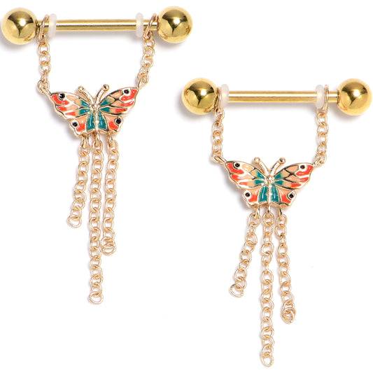 14G 9/16 Gold Tone Sunrise Butterfly Dangle Nipple Ring Set