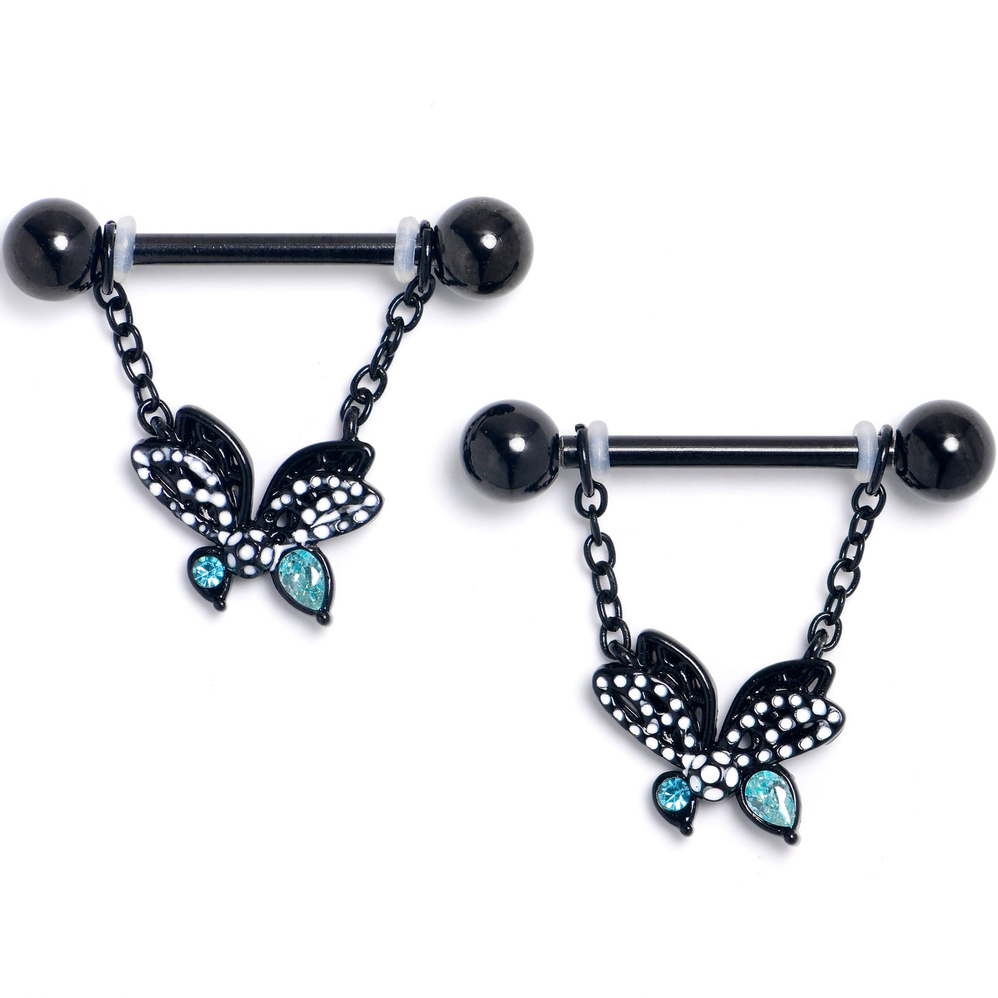 14G 9/16 Blue CZ Gem Black Night Drama Butterfly Nipple Ring Set