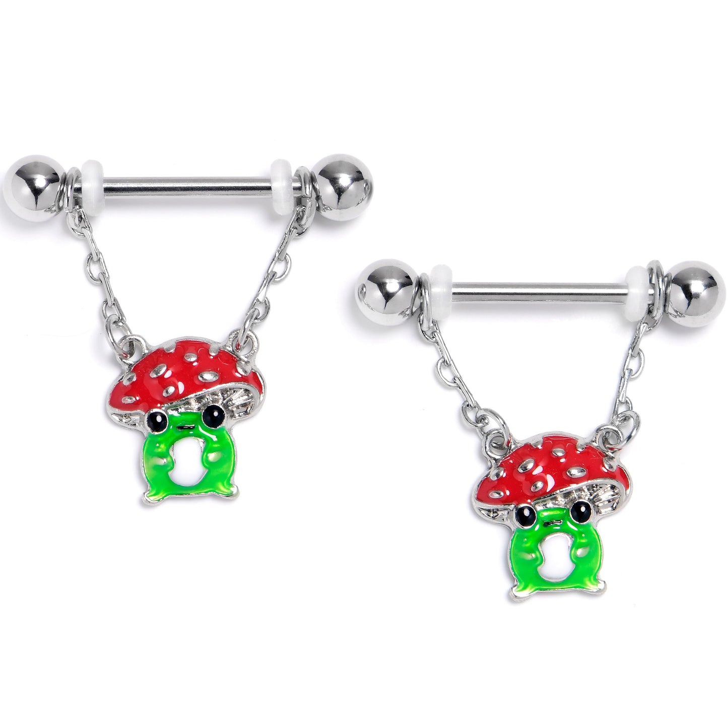 14G 9/16 Happy Mushrooms Red Green Chain Dangle Nipple Ring Set