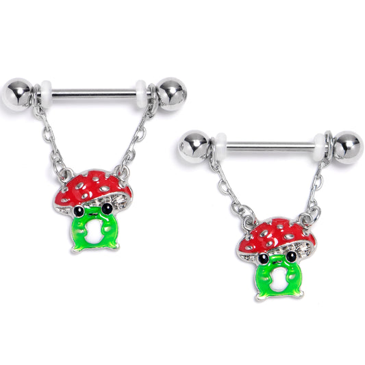14G 9/16 Happy Mushrooms Red Green Chain Dangle Nipple Ring Set