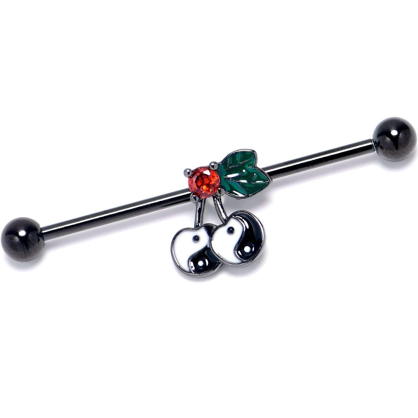 14G Red CZ Gem Black Yin Yang Cherry Industrial Barbell 38mm