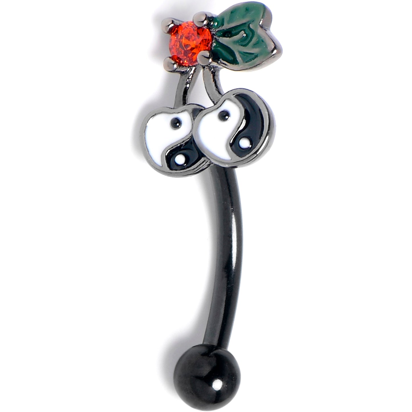 16G 5/16 Red CZ Gem Black Yin Yang Cherry Curved Eyebrow Ring