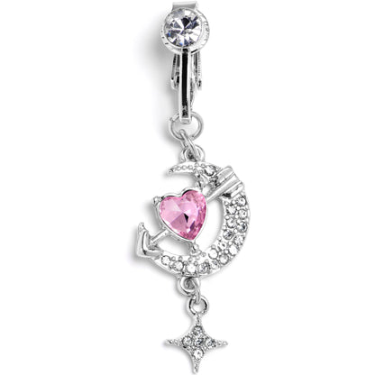 Clear Pink Gem Moon Lover Dangle Clip On Fake Belly Ring