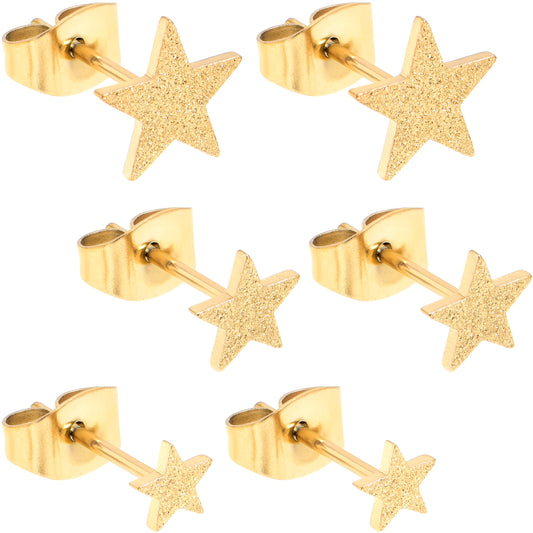 4mm-8mm Stars Stud Gold Tone 316L Stainless Steel Earrings 6 Pack