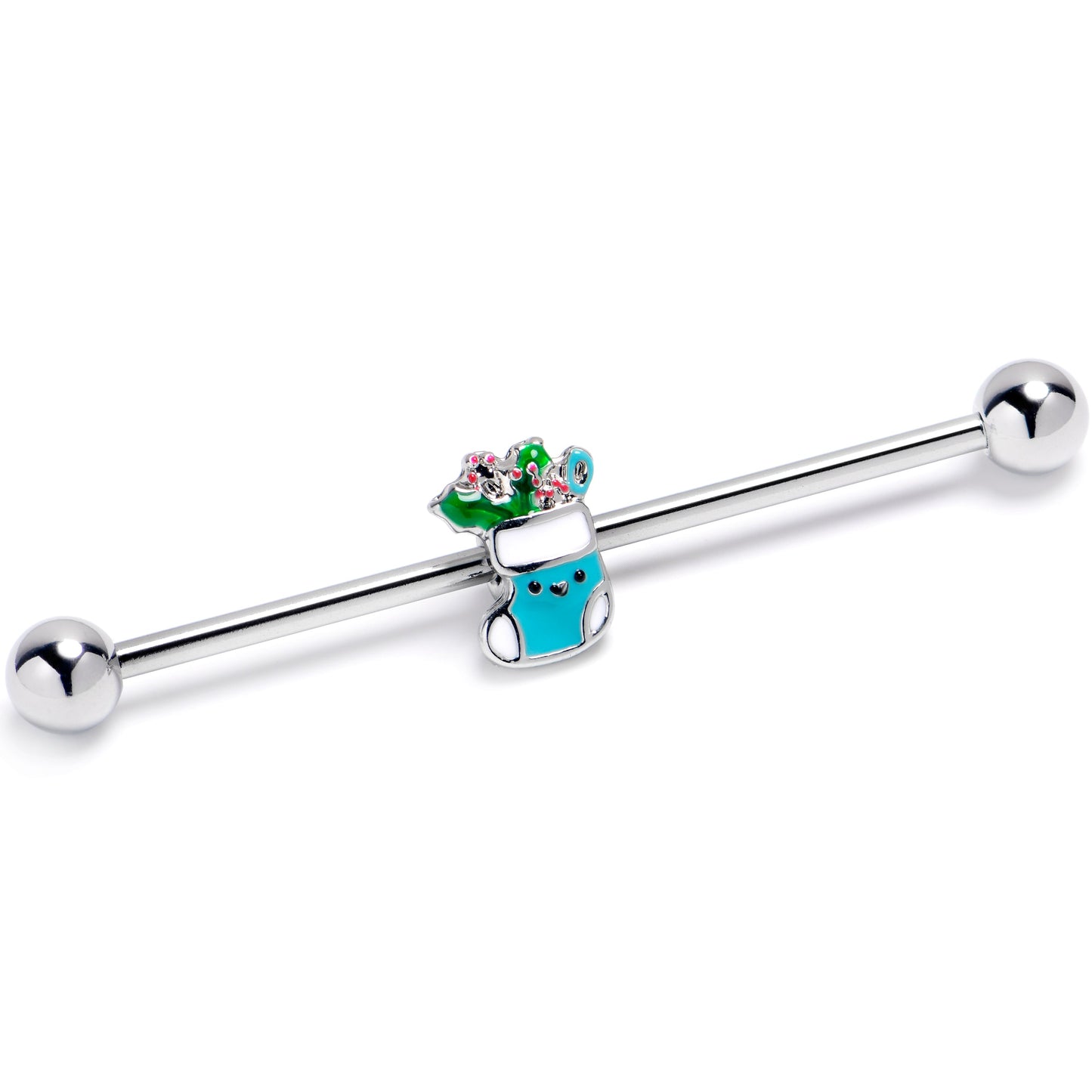 14G Festive Blue Christmas Stocking Industrial Barbell 38mm