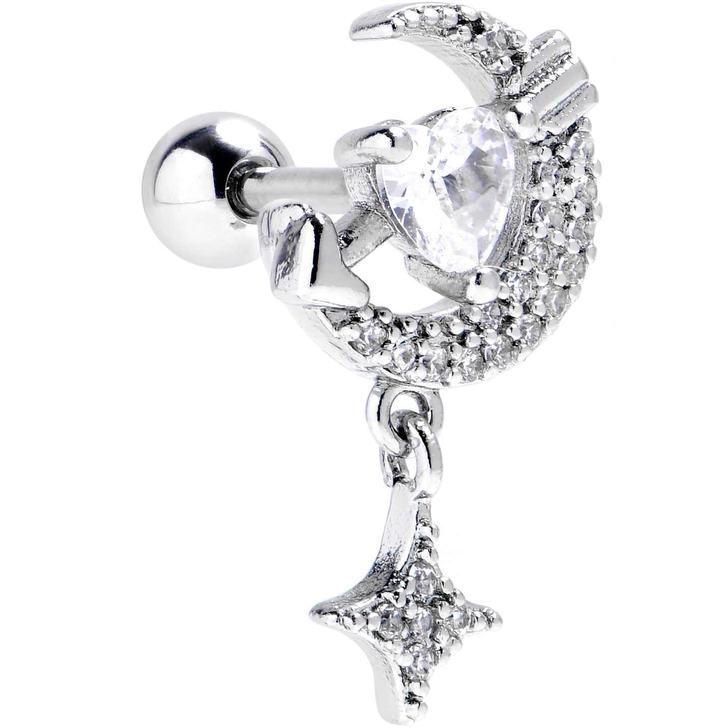 16G 1/4 Clear CZ Gem Moon Lover Cartilage Tragus Earring