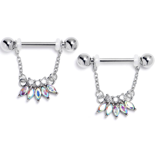 14G 9/16 Aurora Gem Fashion Fan Chain Dangle Nipple Ring Set