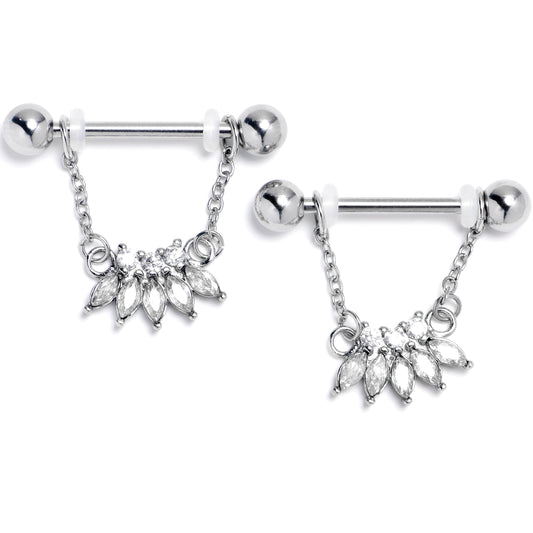 14G 9/16 Clear Gem Fashion Fan Chain Dangle Nipple Ring Set