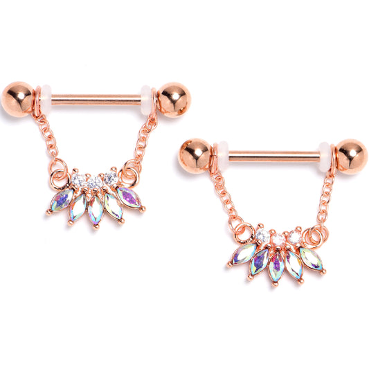 14G 9/16 Aurora Gem Rose Gold Tone Fashion Fan Dangle Nipple Ring Set