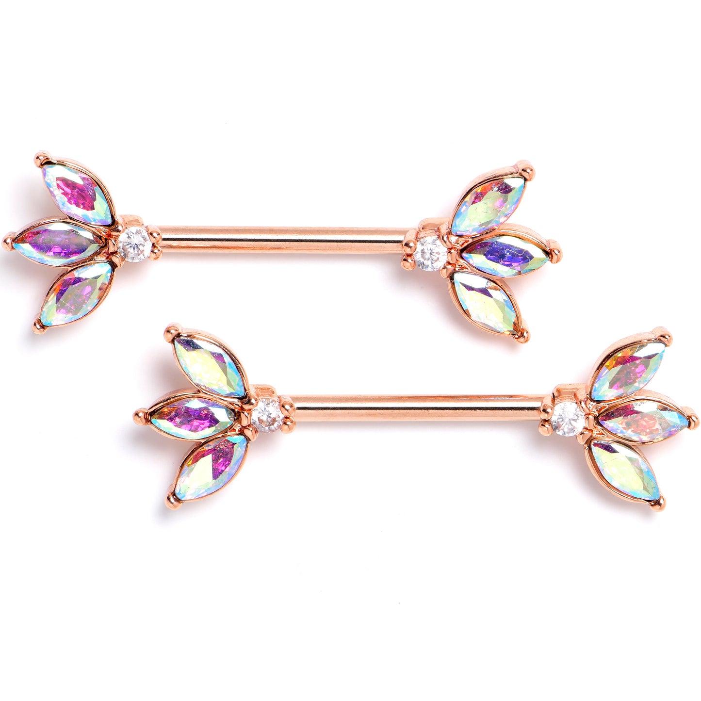 14G 9/16 Aurora Gem Rose Gold Tone Fashion Fan Mini Nipple Ring Set