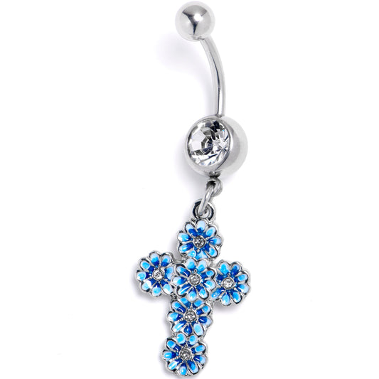 Clear Gem Beautifully Blue Flower Cross Dangle Belly Ring