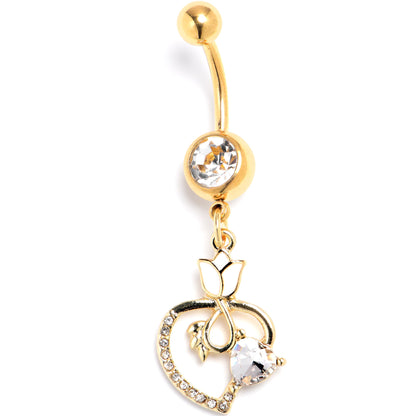 Clear Gem Gold Tone Tulip Heart Flower Dangle Belly Ring