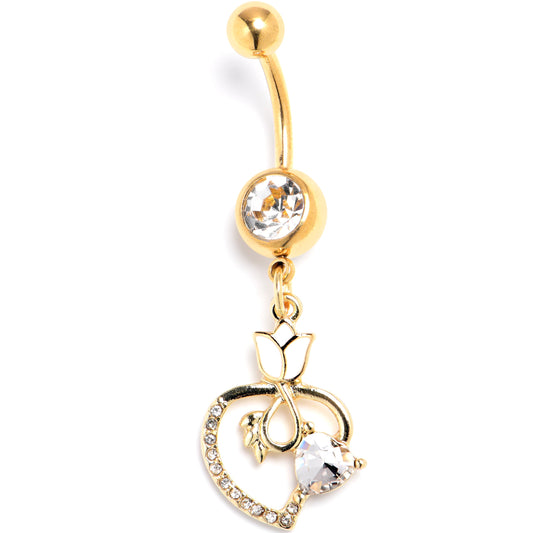 Clear Gem Gold Tone Tulip Heart Flower Dangle Belly Ring
