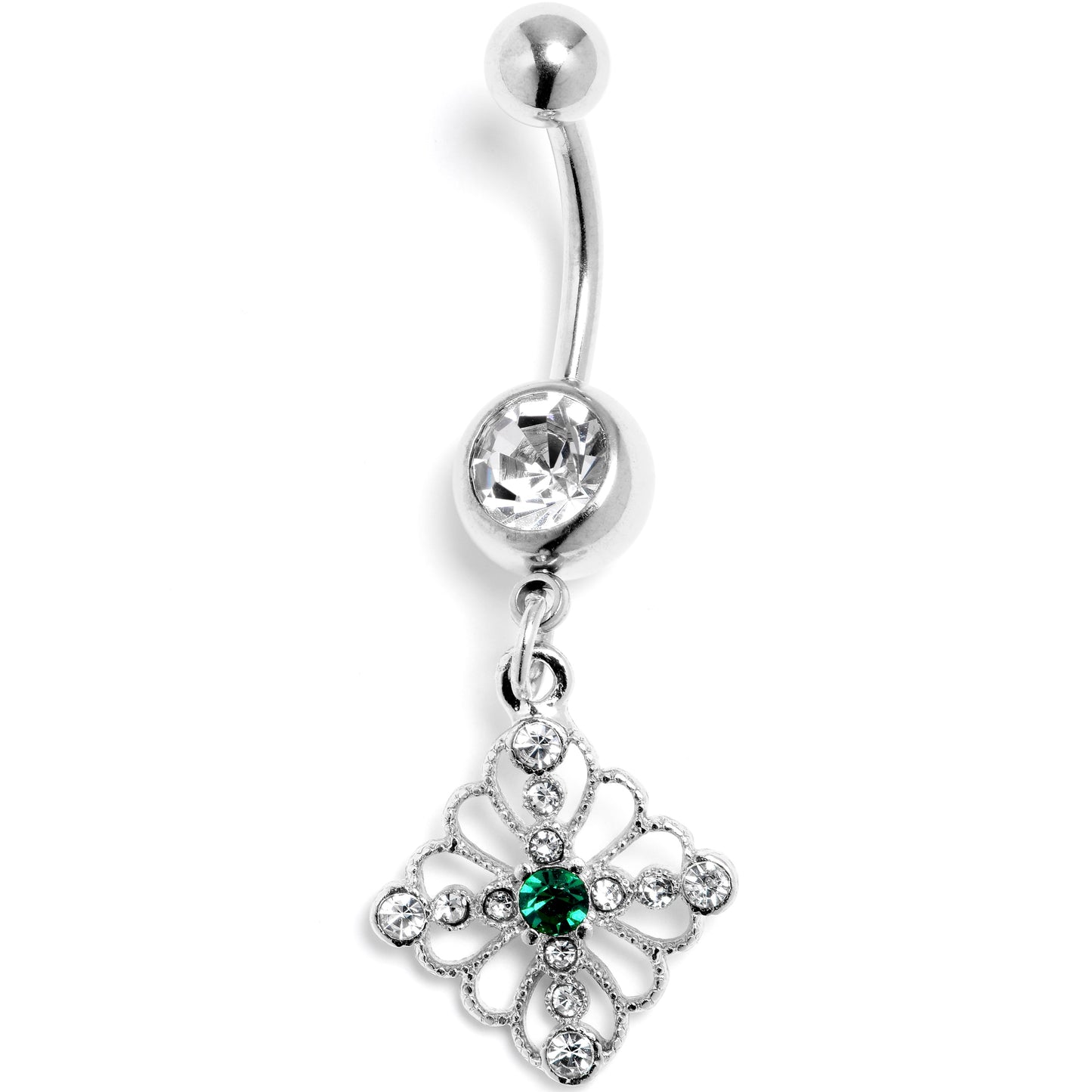 Clear Green Gem Filigree Cross Rhombus Dangle Belly Ring