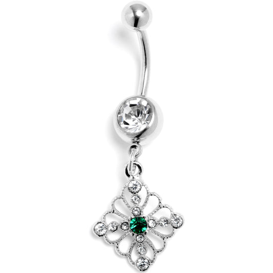 Clear Green Gem Filigree Cross Rhombus Dangle Belly Ring