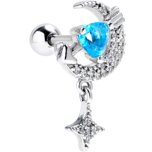 16G 1/4 Blue CZ Gem Moon Lover Dangle Cartilage Tragus Earring