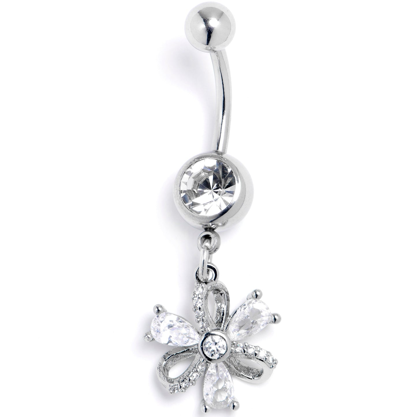 Clear CZ Gem Bling Flower Dangle Belly Ring