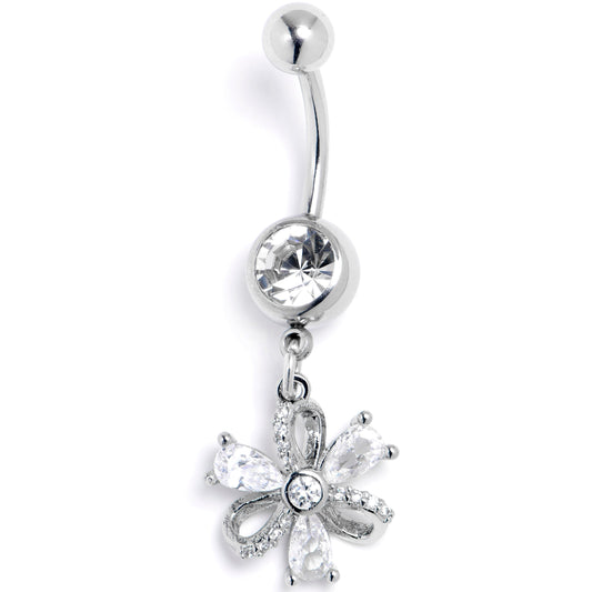 Clear CZ Gem Bling Flower Dangle Belly Ring