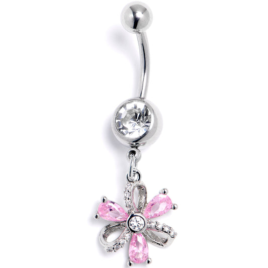 Clear Pink CZ Gem Bling Flower Dangle Belly Ring