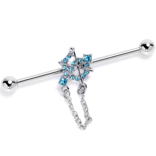 14G Blue Gem Spiderweb Chain Dangle Industrial Barbell 38mm