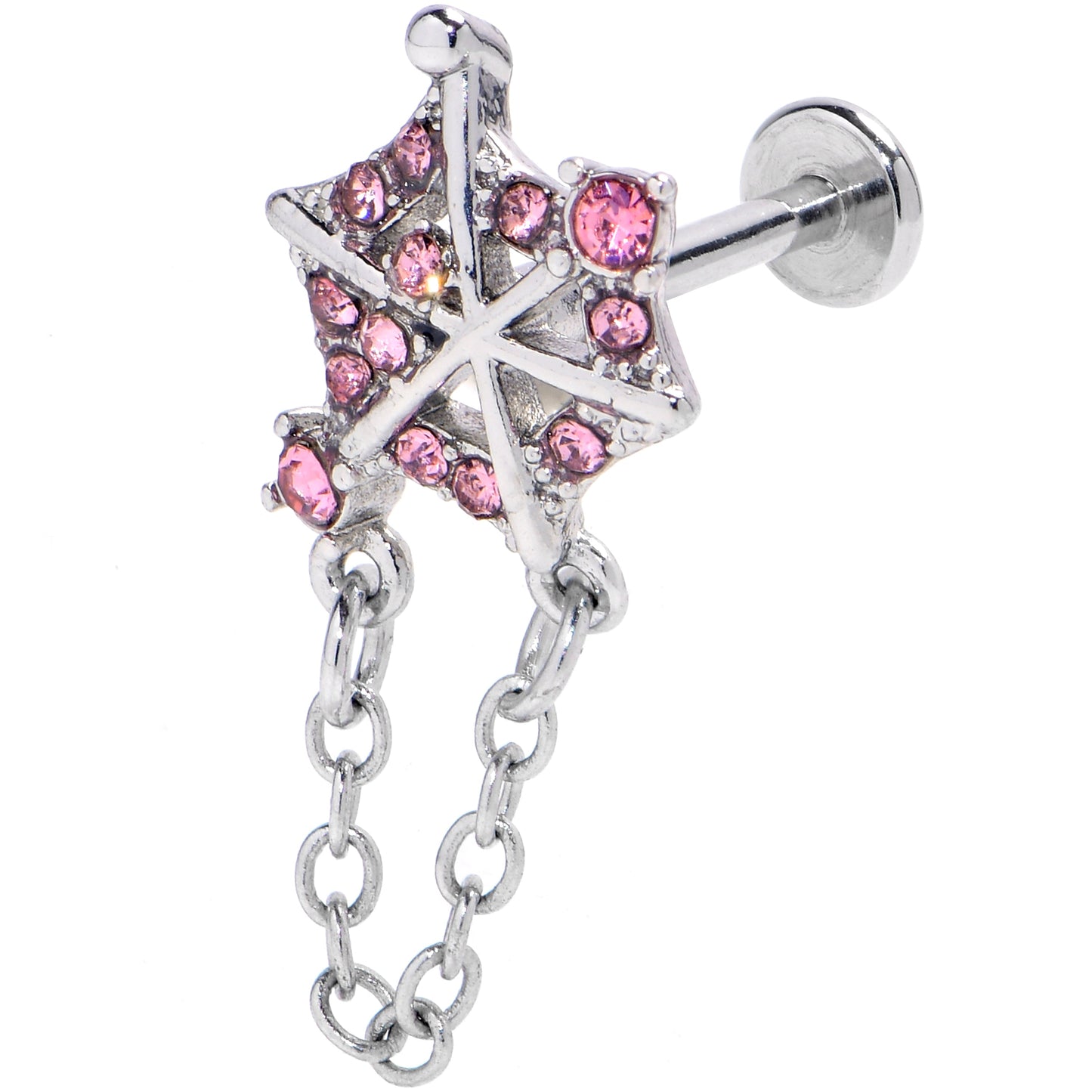 16G 5/16 Pink Gem Spiderweb Chain Dangle Labret Monroe Tragus