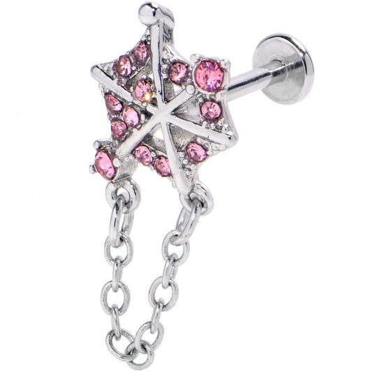 16G 5/16 Pink Gem Spiderweb Chain Dangle Labret Monroe Tragus